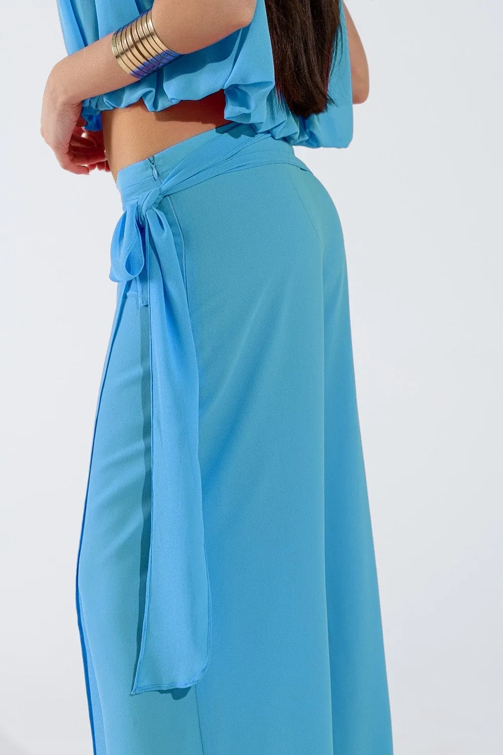 Wide Light Blue Pants Overlay Skirt Tied At The Side