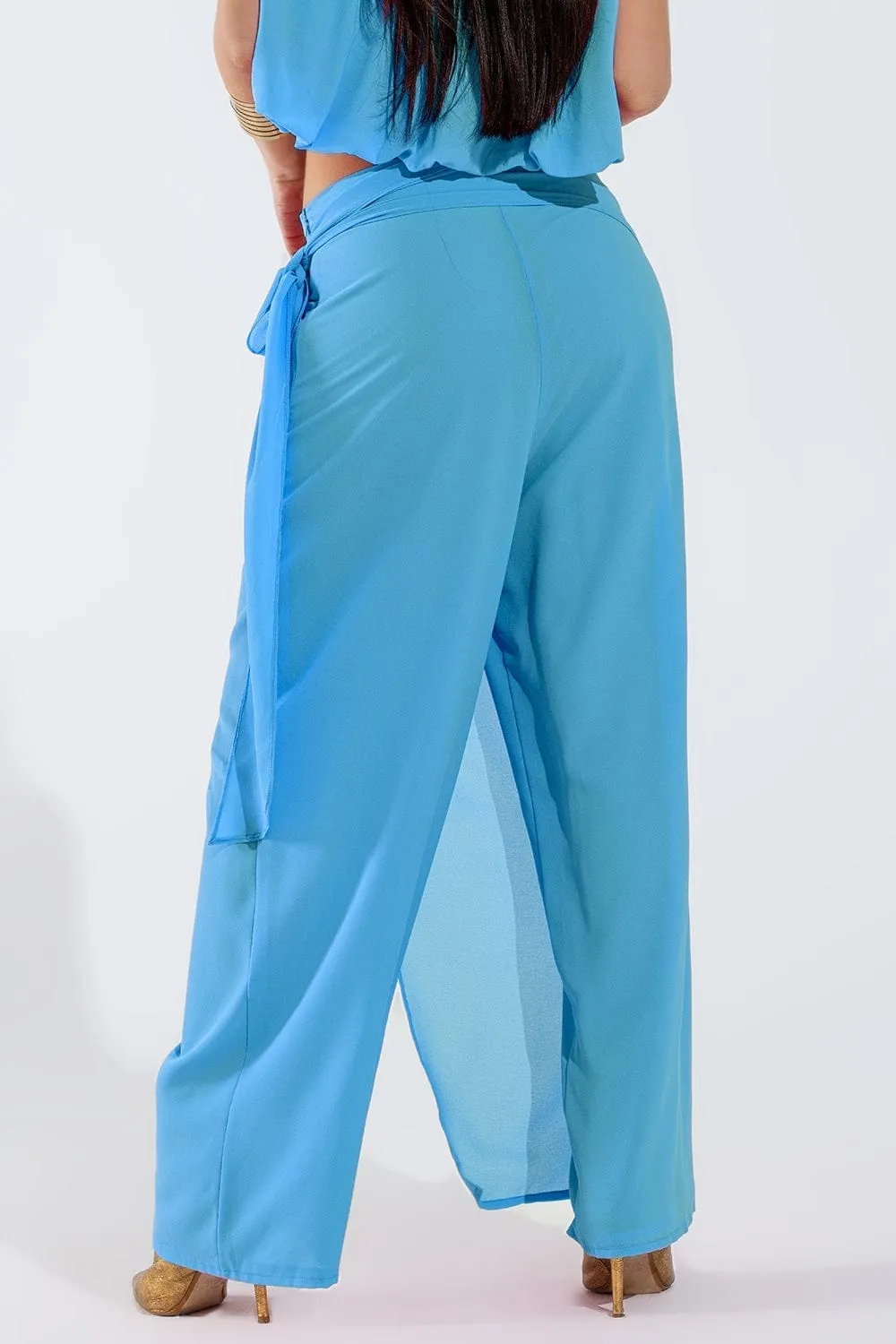 Wide Light Blue Pants Overlay Skirt Tied At The Side