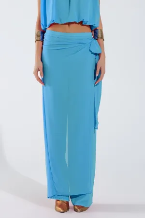 Wide Light Blue Pants Overlay Skirt Tied At The Side