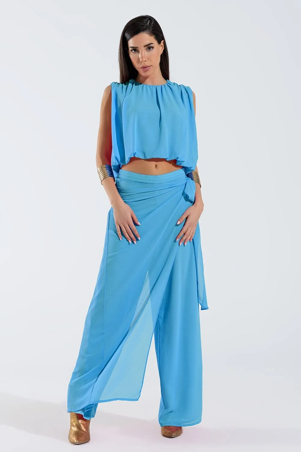 Wide Light Blue Pants Overlay Skirt Tied At The Side