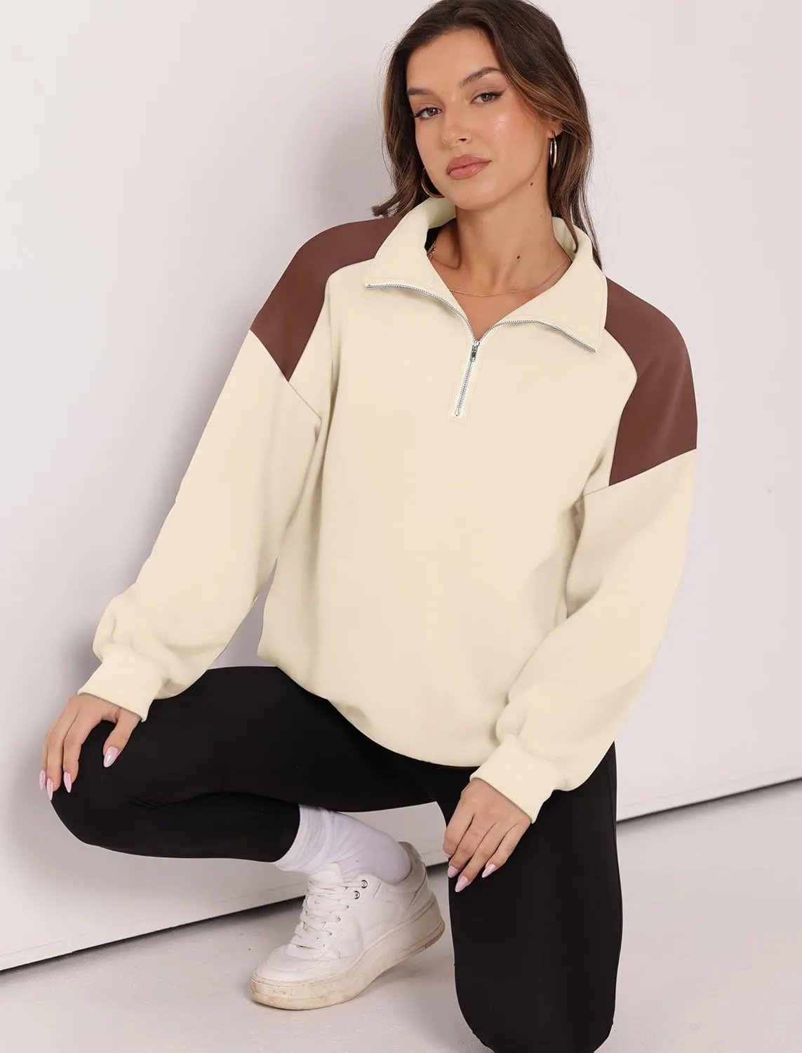 WIHOLL Oversized Quarter Zip Sweatshirts For Women Color Block Pullover Hoodies Sweaters Fall Outfits Winter Clothes 2024