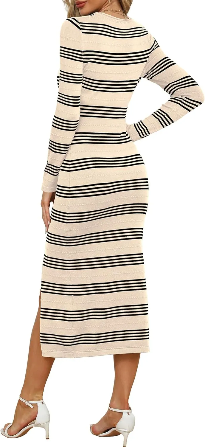 WIHOLL Womens Lightweight Knit Spring Sweater Dress Long Sleeve Fitted Side Slit Soft Dresses 2025