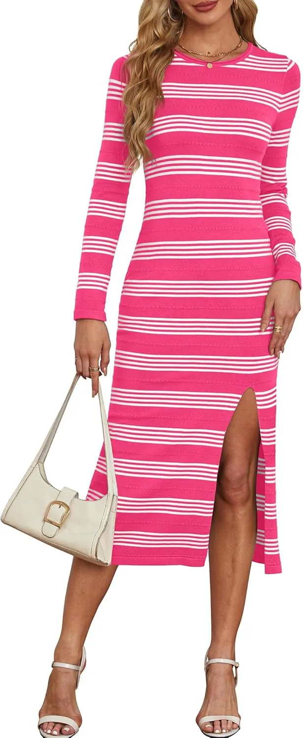 WIHOLL Womens Lightweight Knit Spring Sweater Dress Long Sleeve Fitted Side Slit Soft Dresses 2025