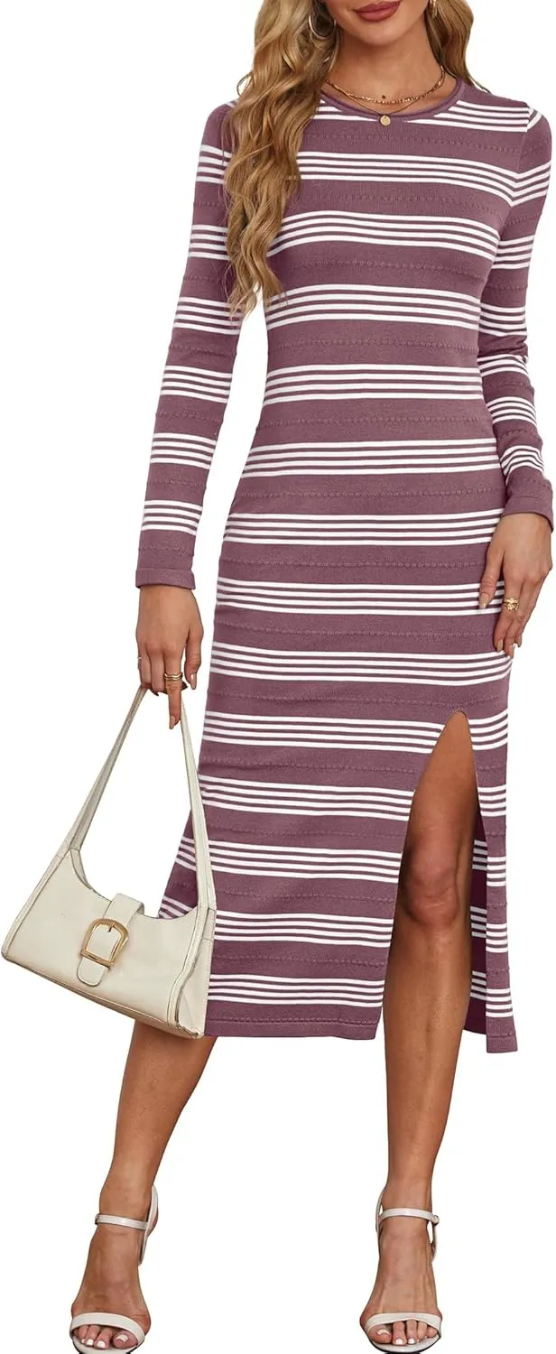 WIHOLL Womens Lightweight Knit Spring Sweater Dress Long Sleeve Fitted Side Slit Soft Dresses 2025