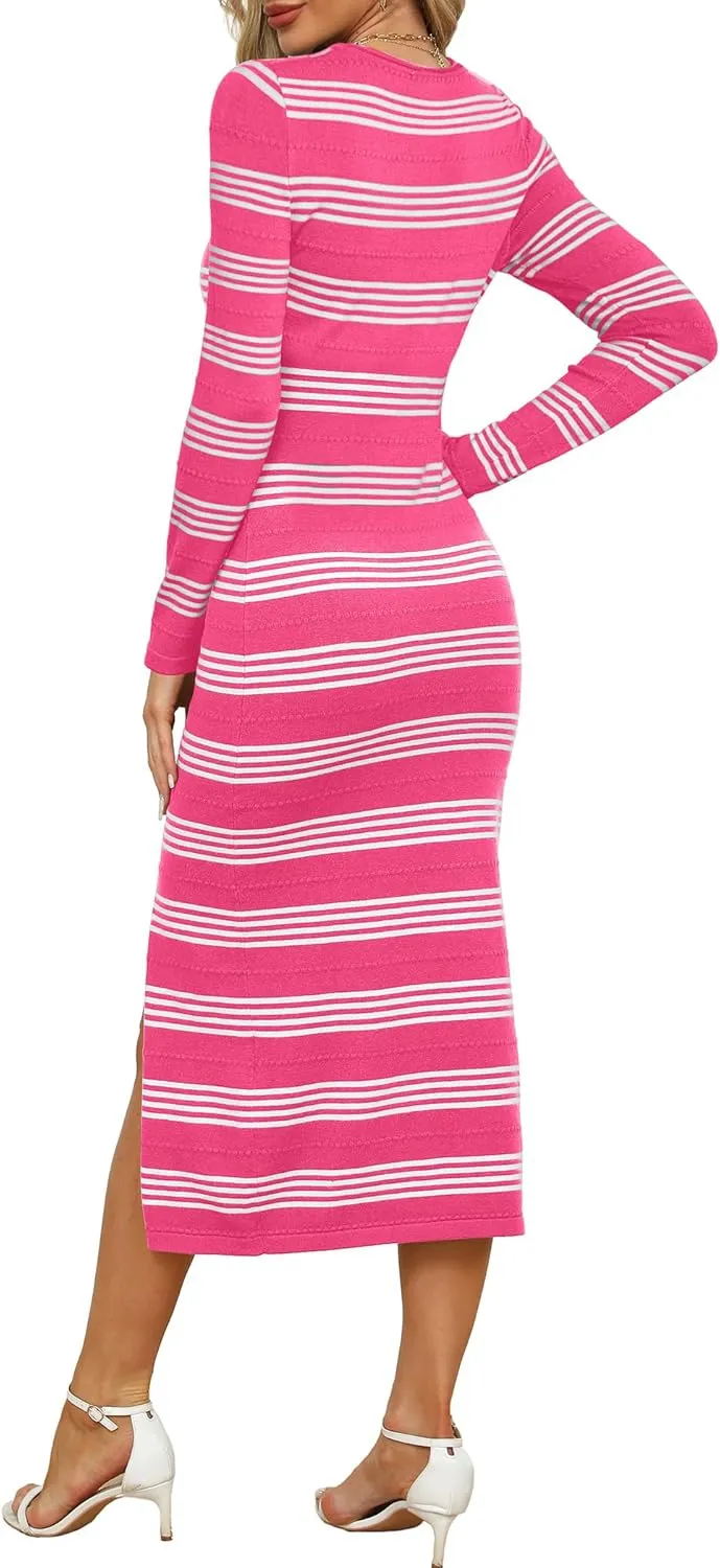 WIHOLL Womens Lightweight Knit Spring Sweater Dress Long Sleeve Fitted Side Slit Soft Dresses 2025