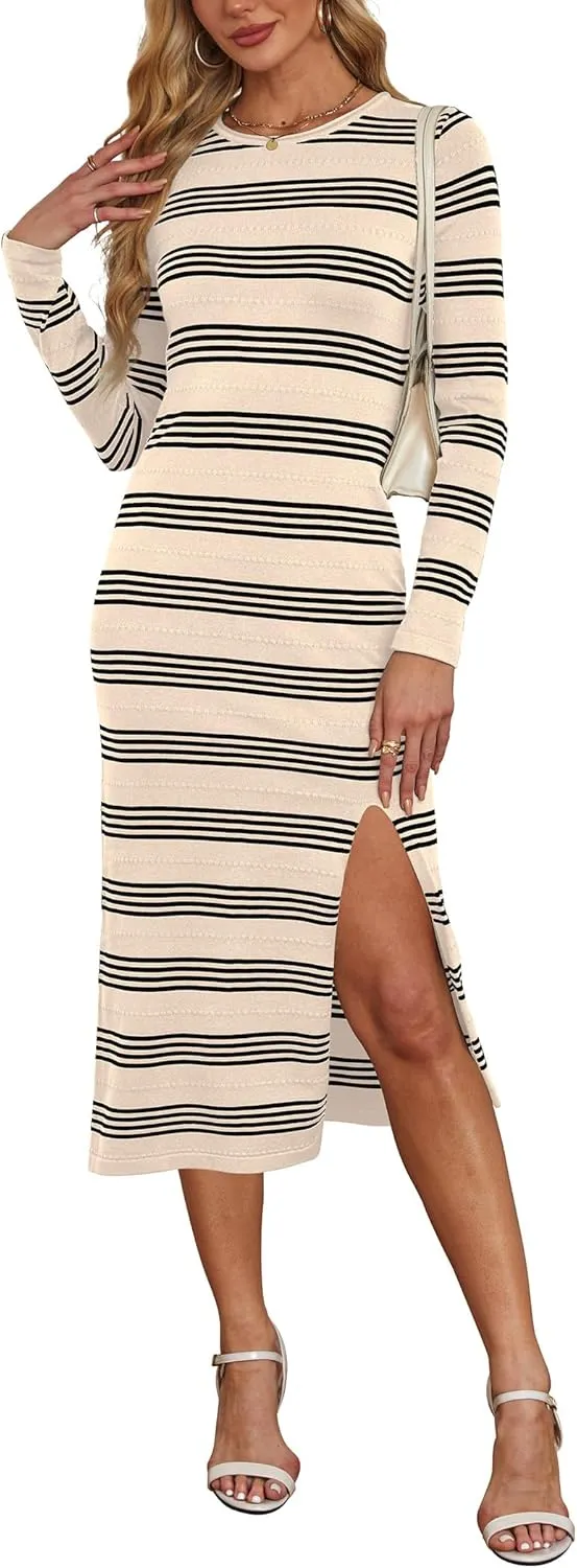 WIHOLL Womens Lightweight Knit Spring Sweater Dress Long Sleeve Fitted Side Slit Soft Dresses 2025