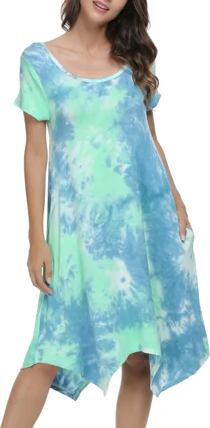 Women Casual Loose Soft Crewneck Short Sleeve Pockets Swing T-Shirt Dress