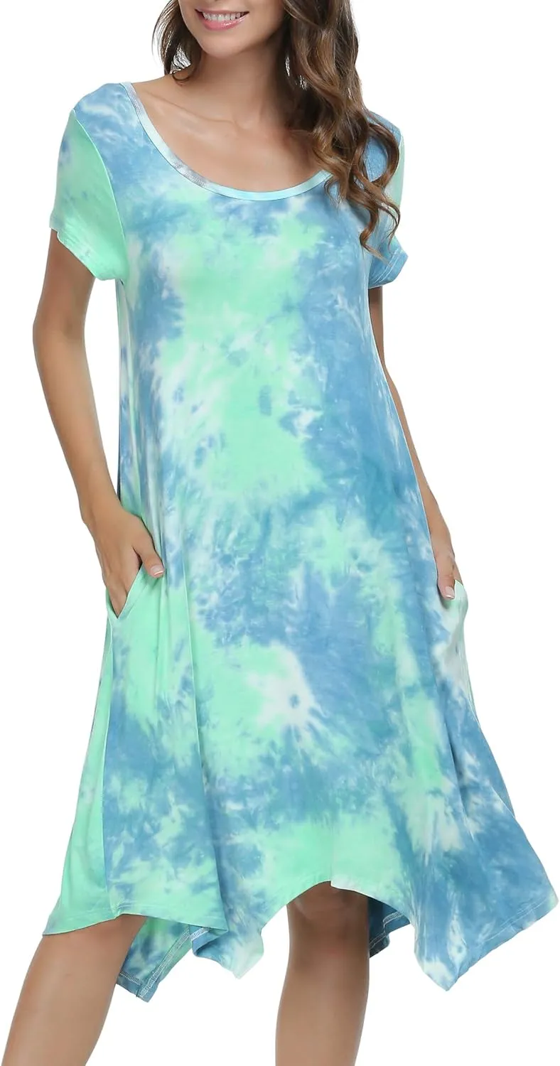 Women Casual Loose Soft Crewneck Short Sleeve Pockets Swing T-Shirt Dress