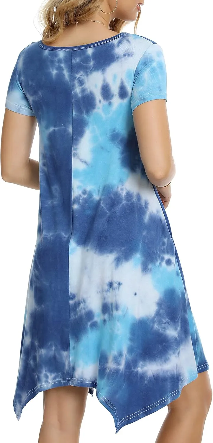 Women Casual Loose Soft Crewneck Short Sleeve Pockets Swing T-Shirt Dress
