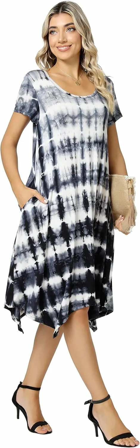 Women Casual Loose Soft Crewneck Short Sleeve Pockets Swing T-Shirt Dress