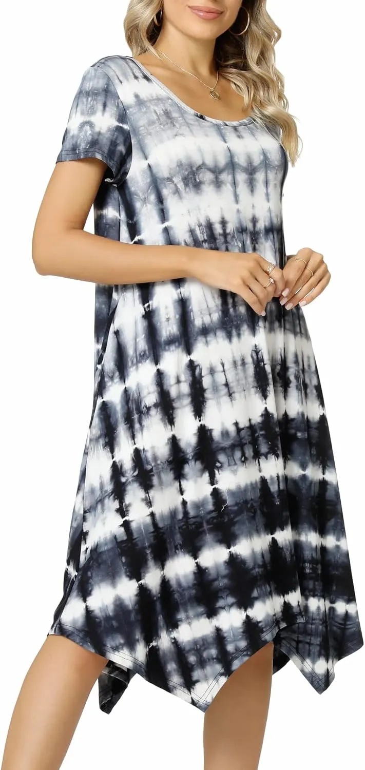 Women Casual Loose Soft Crewneck Short Sleeve Pockets Swing T-Shirt Dress