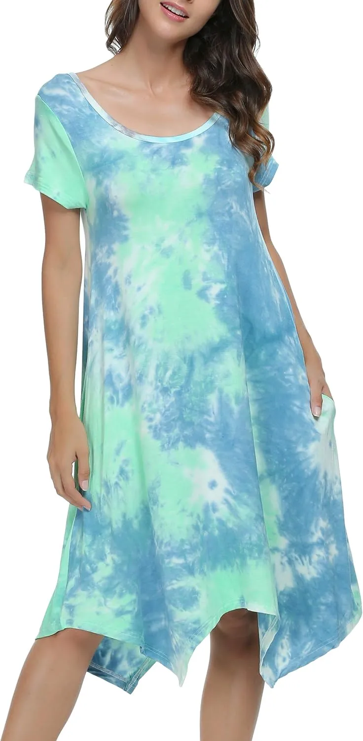 Women Casual Loose Soft Crewneck Short Sleeve Pockets Swing T-Shirt Dress
