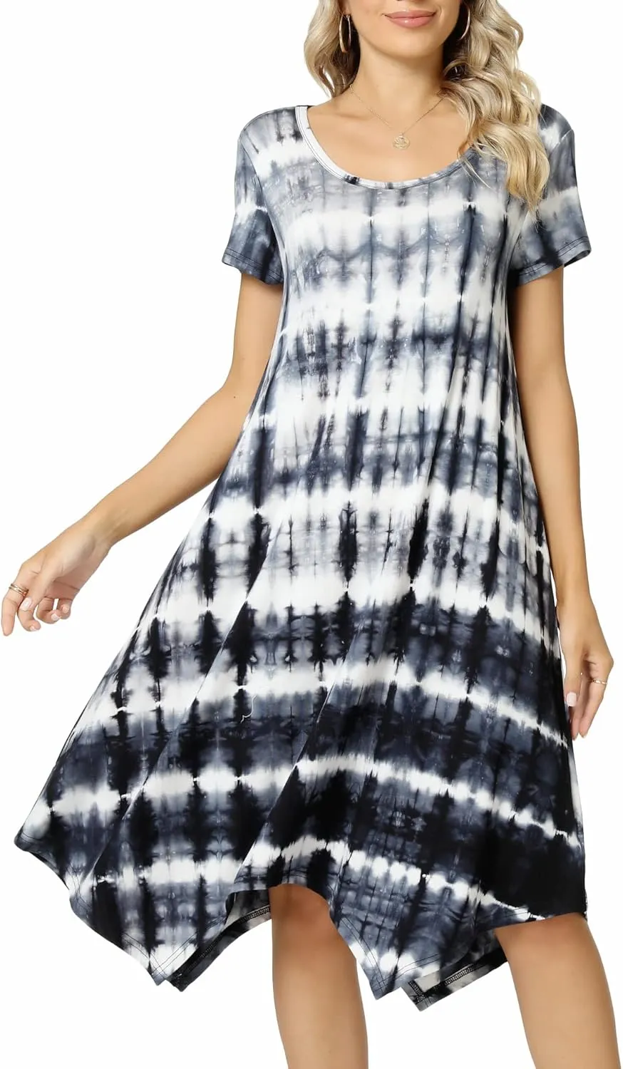 Women Casual Loose Soft Crewneck Short Sleeve Pockets Swing T-Shirt Dress