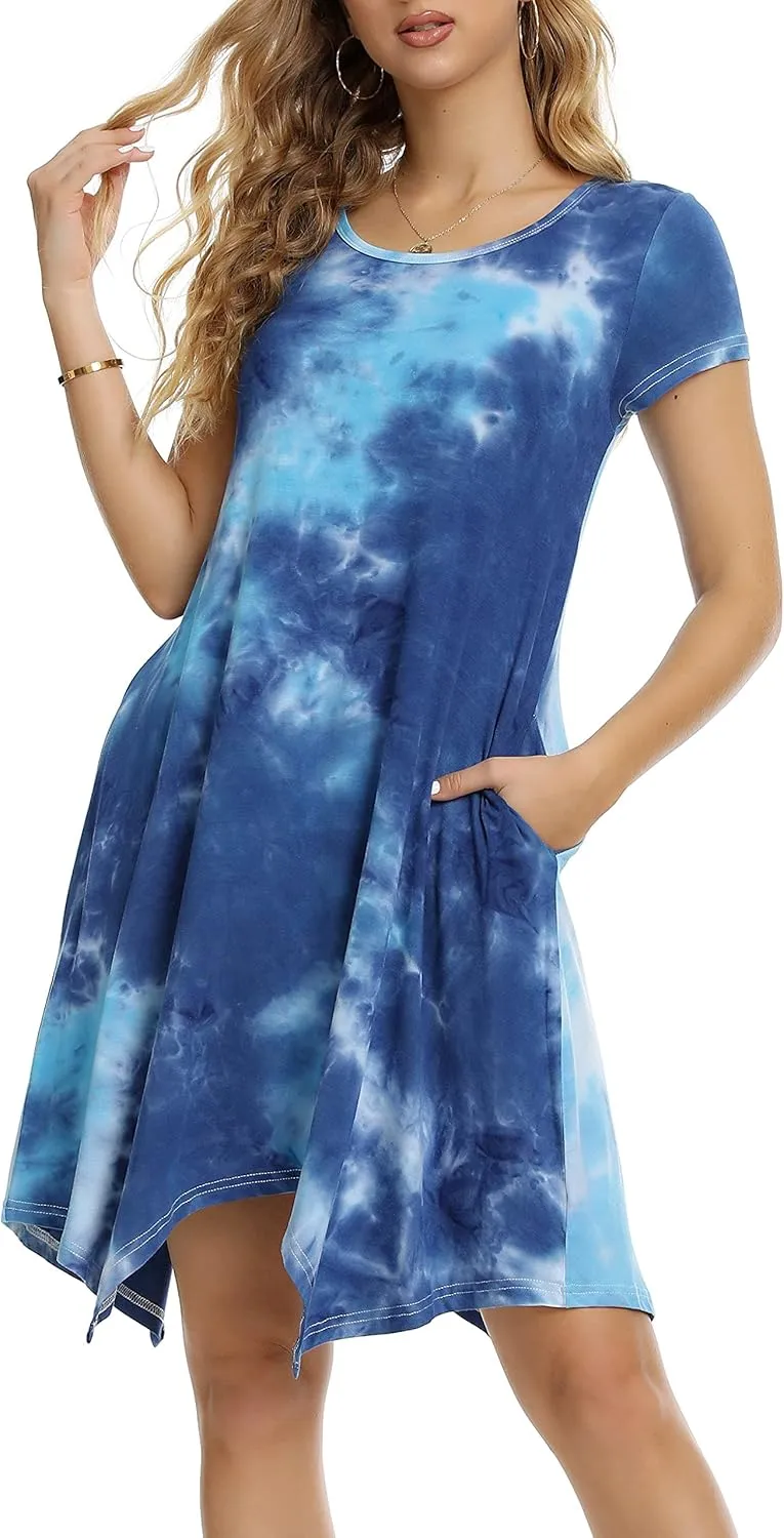 Women Casual Loose Soft Crewneck Short Sleeve Pockets Swing T-Shirt Dress