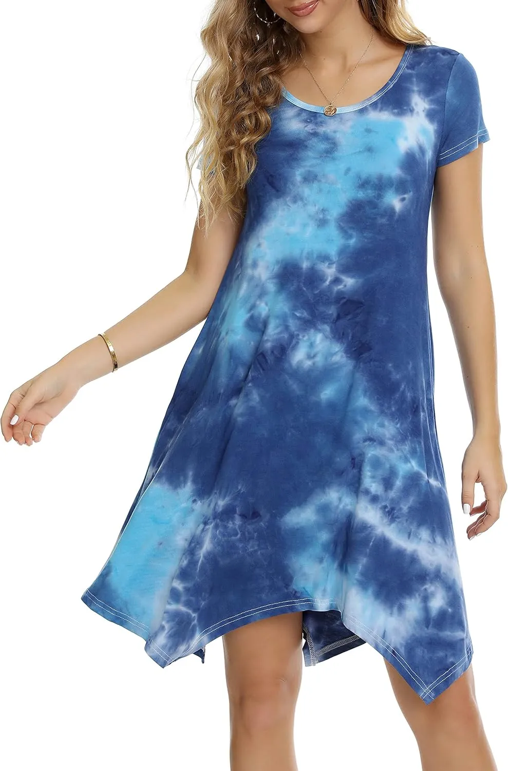 Women Casual Loose Soft Crewneck Short Sleeve Pockets Swing T-Shirt Dress