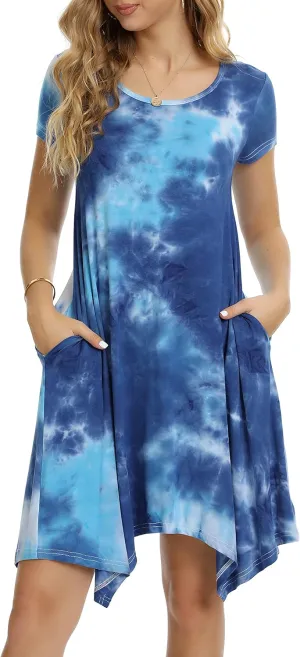 Women Casual Loose Soft Crewneck Short Sleeve Pockets Swing T-Shirt Dress