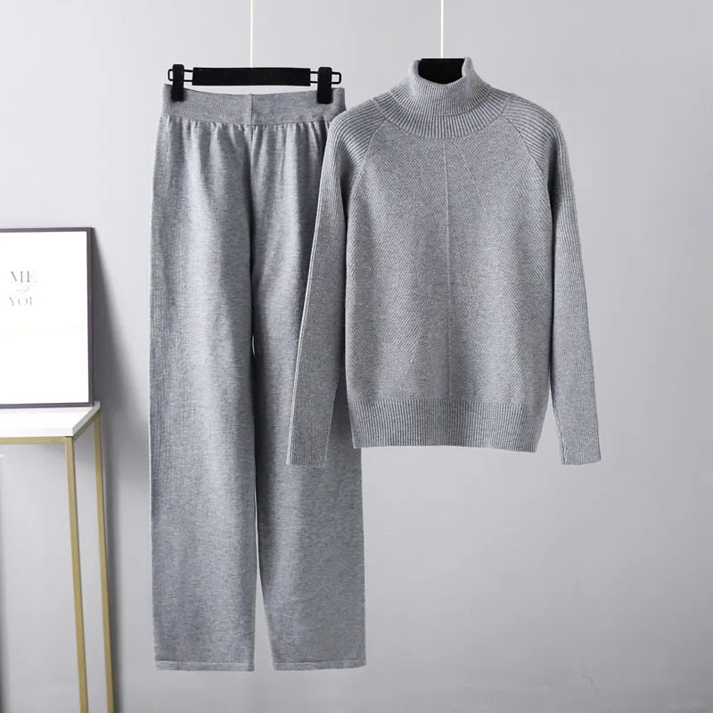 Women Chic Knitted Pullover Top Trousers Sweater 2 Pieces Set