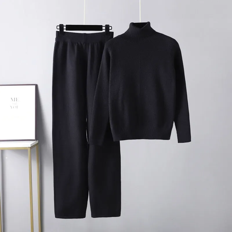 Women Chic Knitted Pullover Top Trousers Sweater 2 Pieces Set