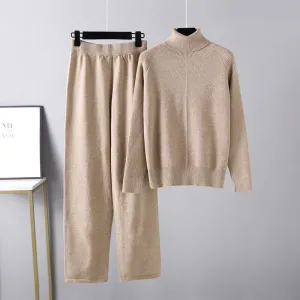 Women Chic Knitted Pullover Top Trousers Sweater 2 Pieces Set