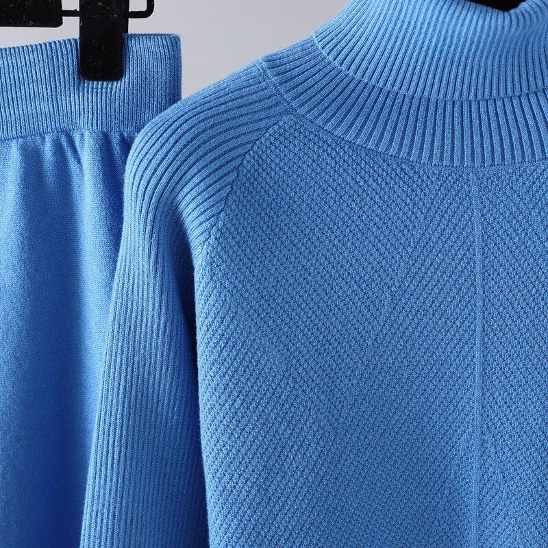 Women Chic Knitted Pullover Top Trousers Sweater 2 Pieces Set