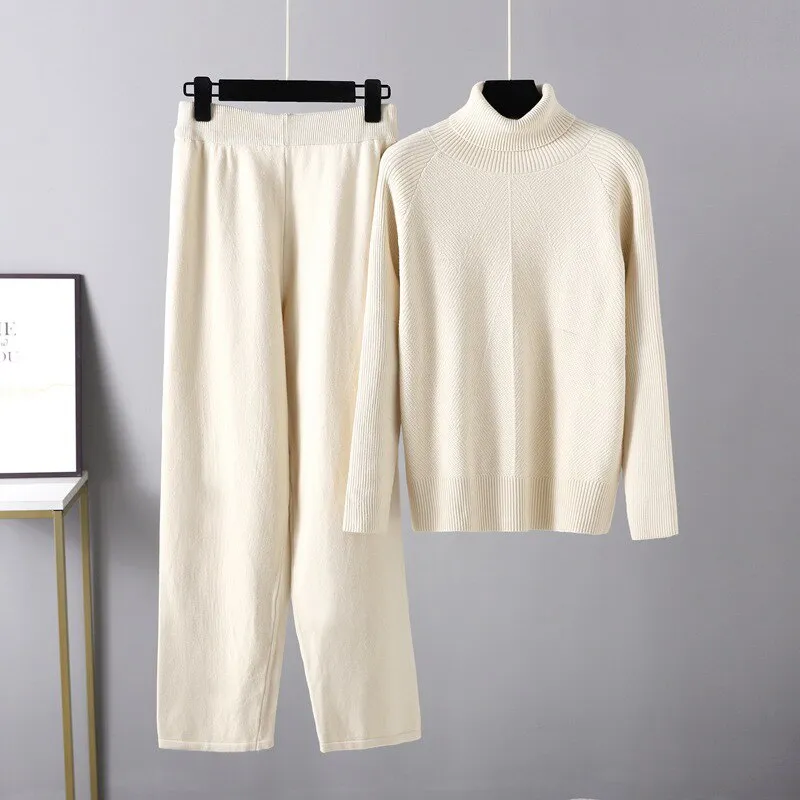 Women Chic Knitted Pullover Top Trousers Sweater 2 Pieces Set