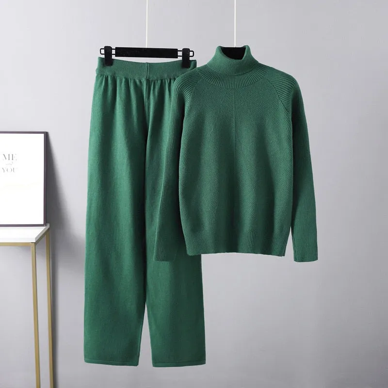 Women Chic Knitted Pullover Top Trousers Sweater 2 Pieces Set