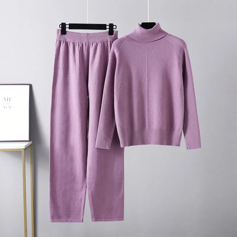 Women Chic Knitted Pullover Top Trousers Sweater 2 Pieces Set