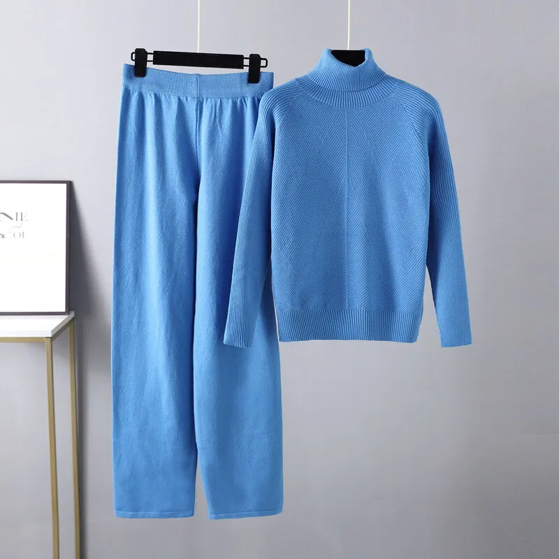 Women Chic Knitted Pullover Top Trousers Sweater 2 Pieces Set