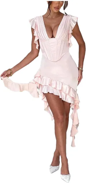 Women Deep V Neck Backless Draped Ruffle Mini Sleeveless Bodycon Club Party Elegant Dress