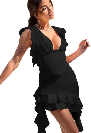 Women Deep V Neck Backless Draped Ruffle Mini Sleeveless Bodycon Club Party Elegant Dress