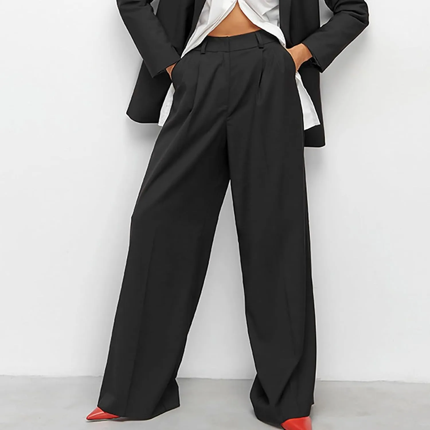 Women High Waist Casual Wide Leg Long Palazzo Pants Button Down Loose Business Work Office Trousers with Pockets