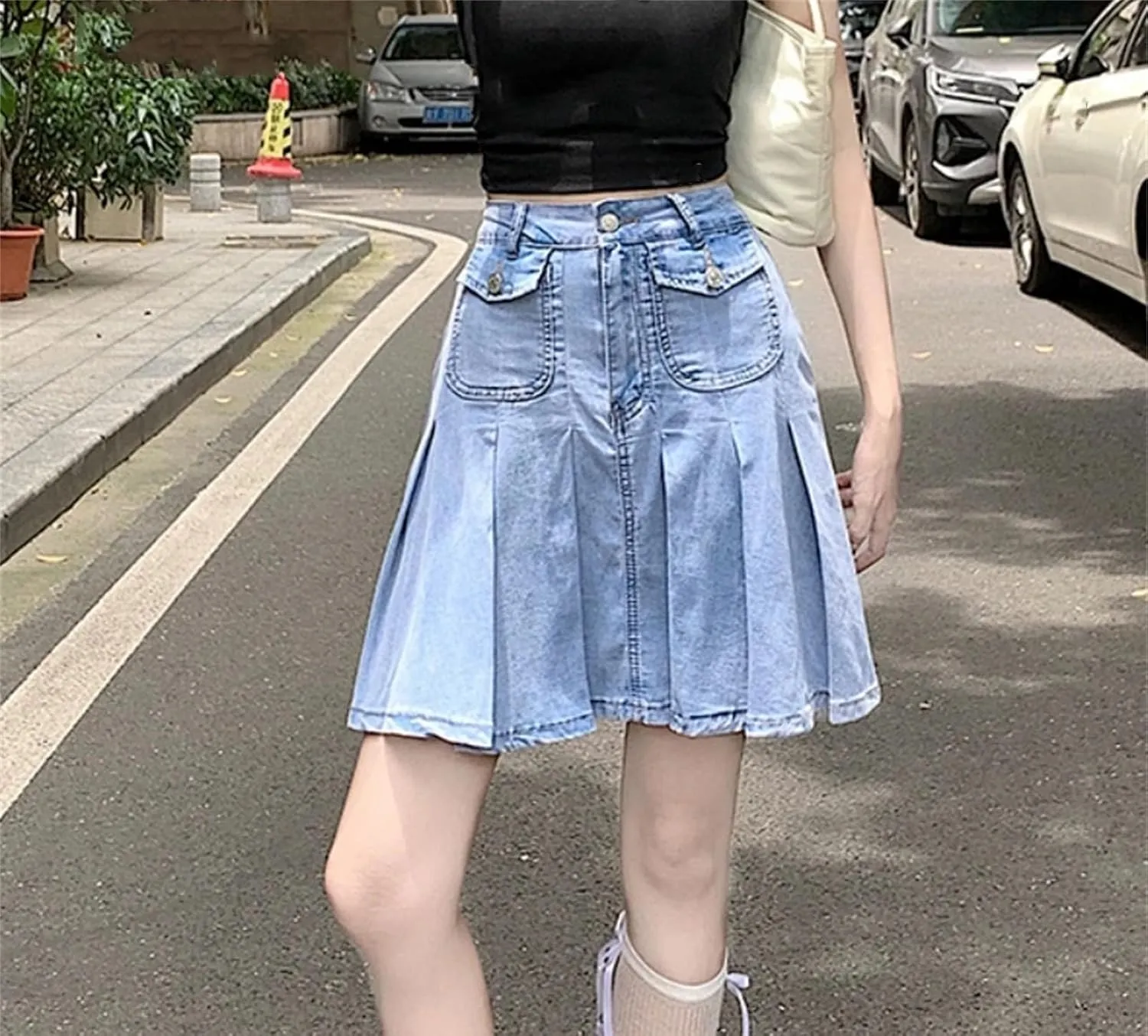 Women Oversize Loose Denim Skirt Summer High Waisted Soft Ruffle Casual Jeans Mini Skirt