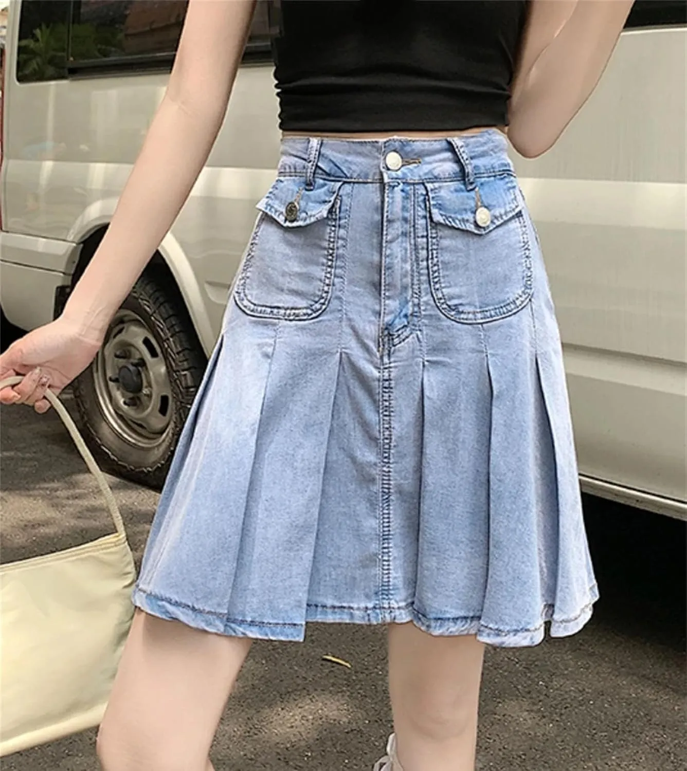 Women Oversize Loose Denim Skirt Summer High Waisted Soft Ruffle Casual Jeans Mini Skirt