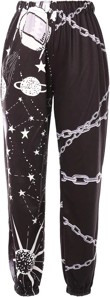 Women Printed Baggy Sweatpants Pockets High Waist Joggers Pants Contrast Color Sporty Athletic Lounge Trousers