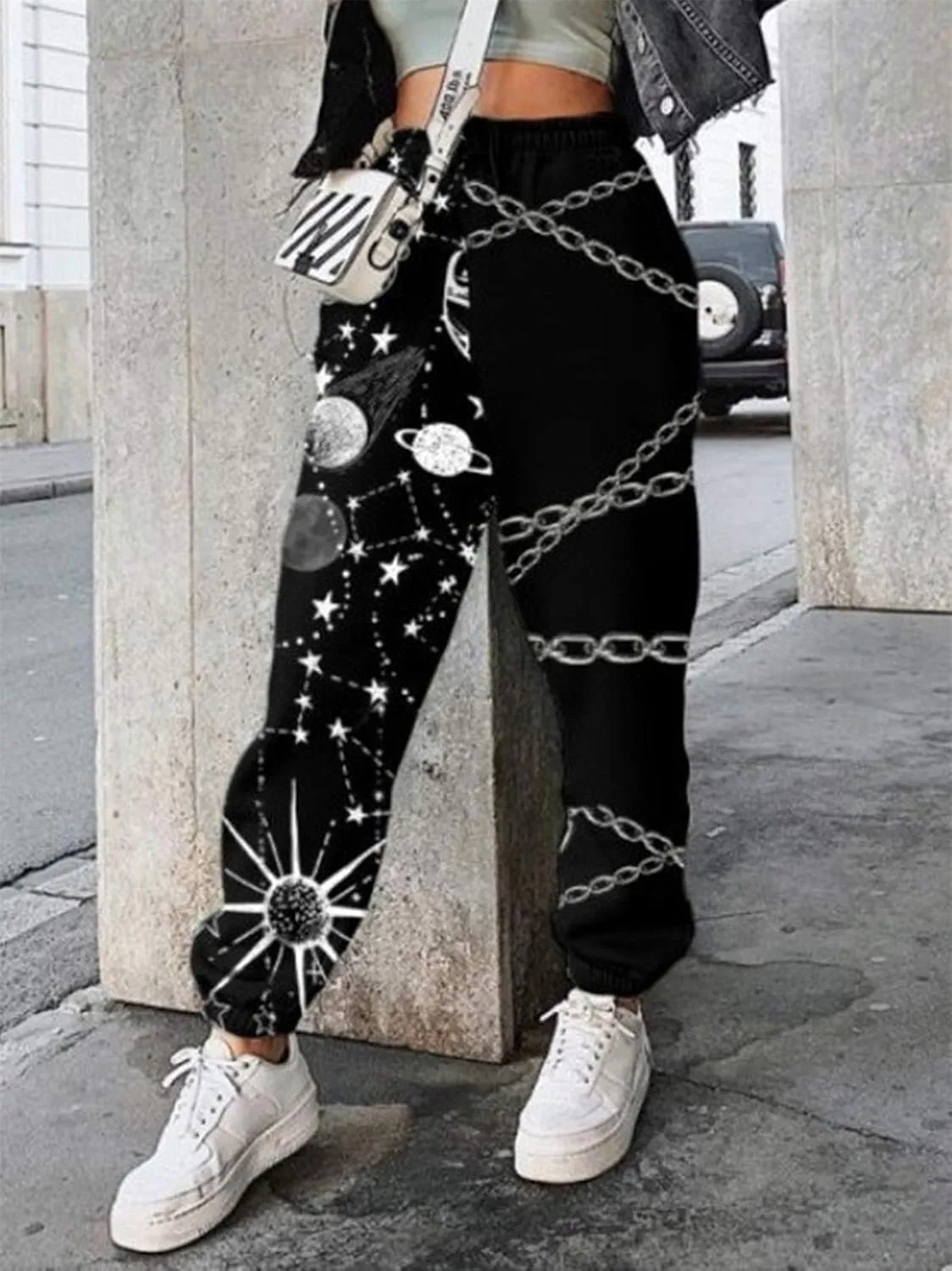 Women Printed Baggy Sweatpants Pockets High Waist Joggers Pants Contrast Color Sporty Athletic Lounge Trousers
