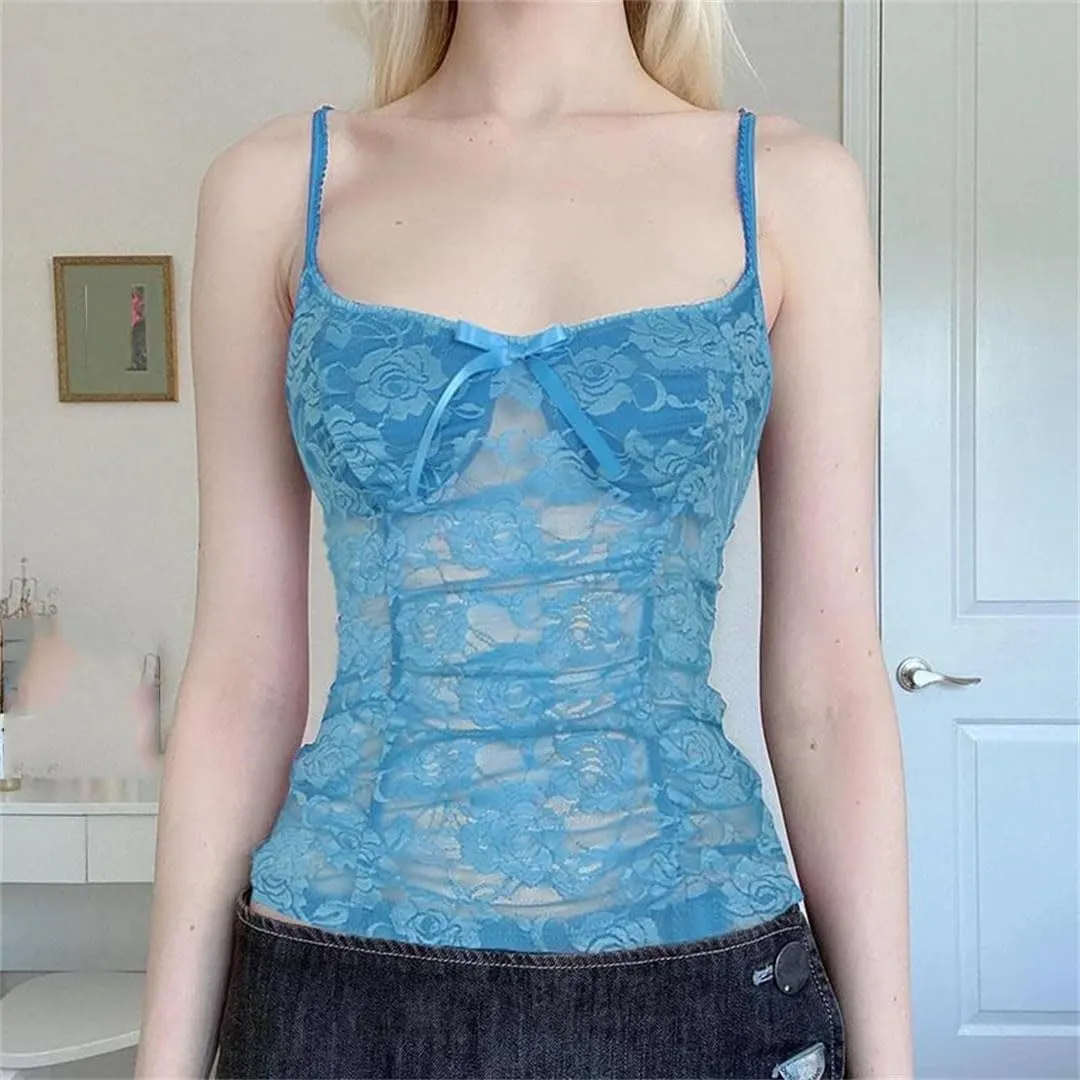 Women Summer Sexy Lace Solid Skinny See Through Crop Tees Camisole
