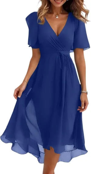 Womens Boho Floral Printed Chiffon Dresses 2025 Elegant V Neck Summer Wedding Prom Cocktail Midi Dresses