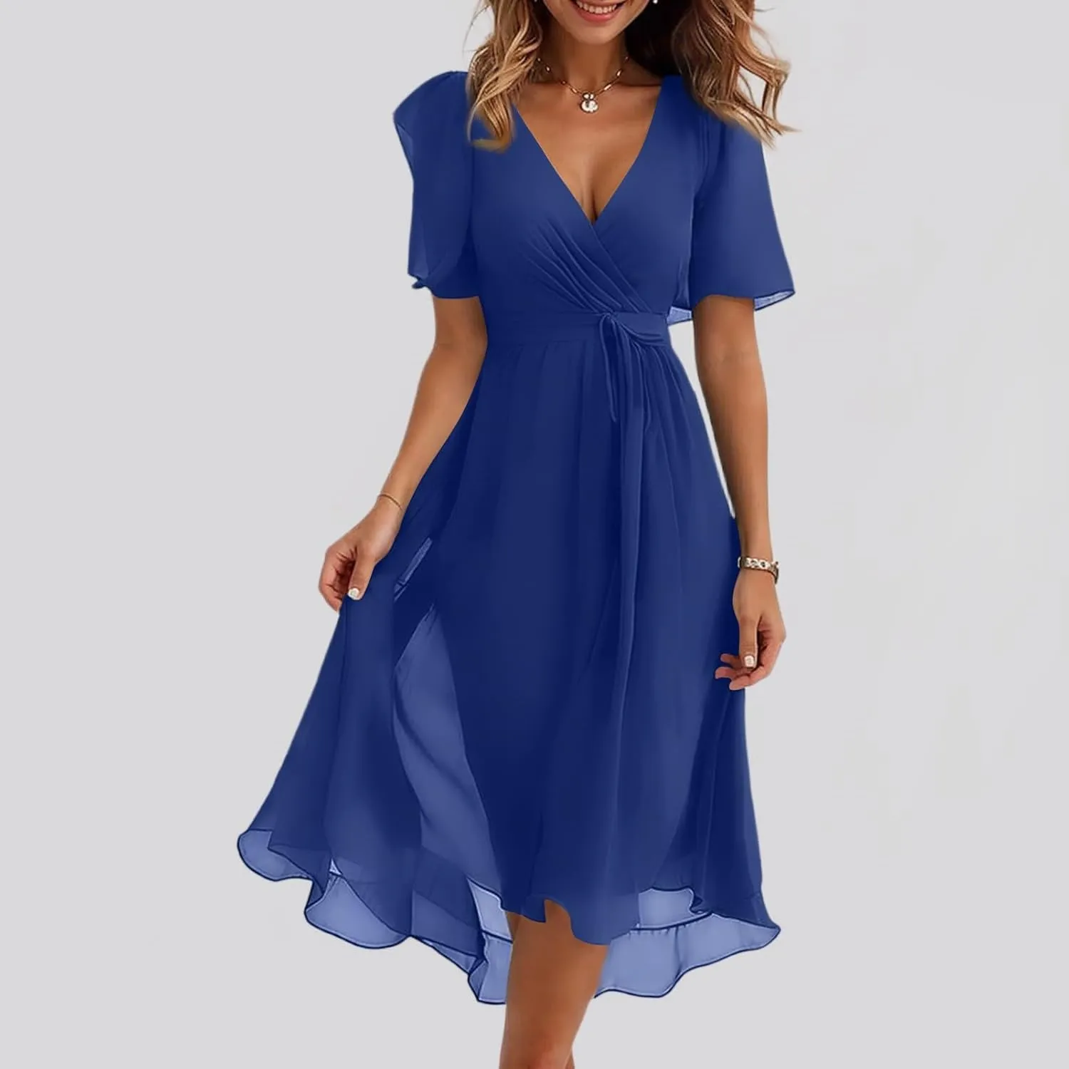 Womens Boho Floral Printed Chiffon Dresses 2025 Elegant V Neck Summer Wedding Prom Cocktail Midi Dresses
