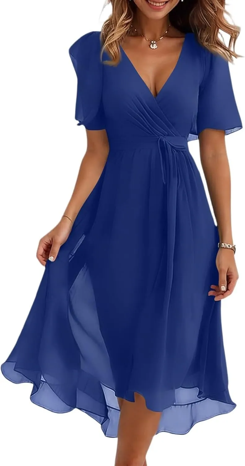 Womens Boho Floral Printed Chiffon Dresses 2025 Elegant V Neck Summer Wedding Prom Cocktail Midi Dresses