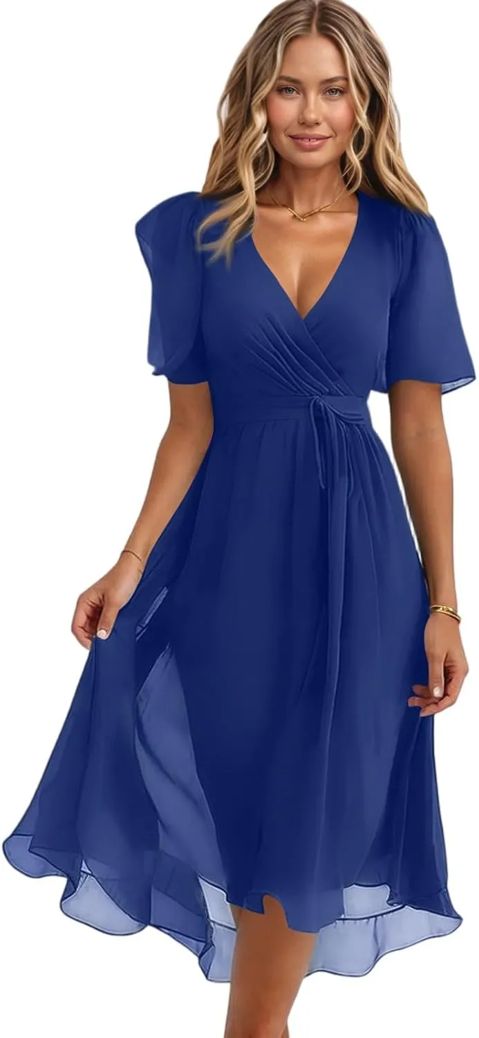 Womens Boho Floral Printed Chiffon Dresses 2025 Elegant V Neck Summer Wedding Prom Cocktail Midi Dresses