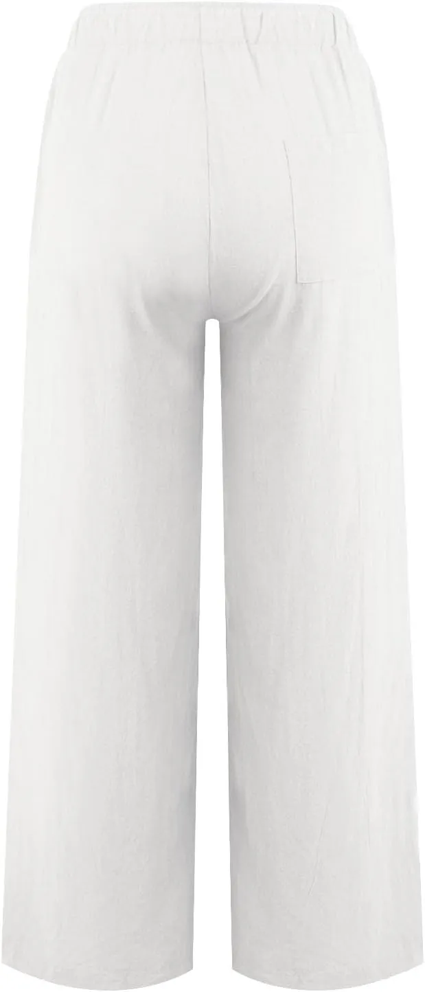 Womens Casual Linen High Waist Pants Drawstring Loose Fit Summer Pants Trousers with Side Pockets