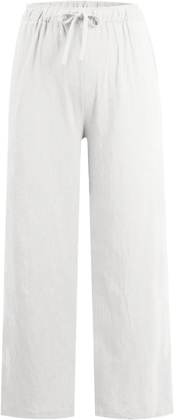 Womens Casual Linen High Waist Pants Drawstring Loose Fit Summer Pants Trousers with Side Pockets