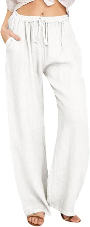 Womens Casual Linen High Waist Pants Drawstring Loose Fit Summer Pants Trousers with Side Pockets