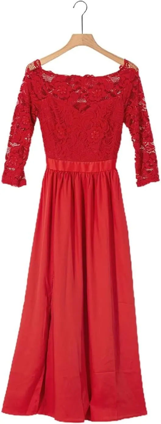 Women's Elegant Lace Bodice Patchwork High Waist Swing Skirt Cocktail Wedding Evening Party Dress
