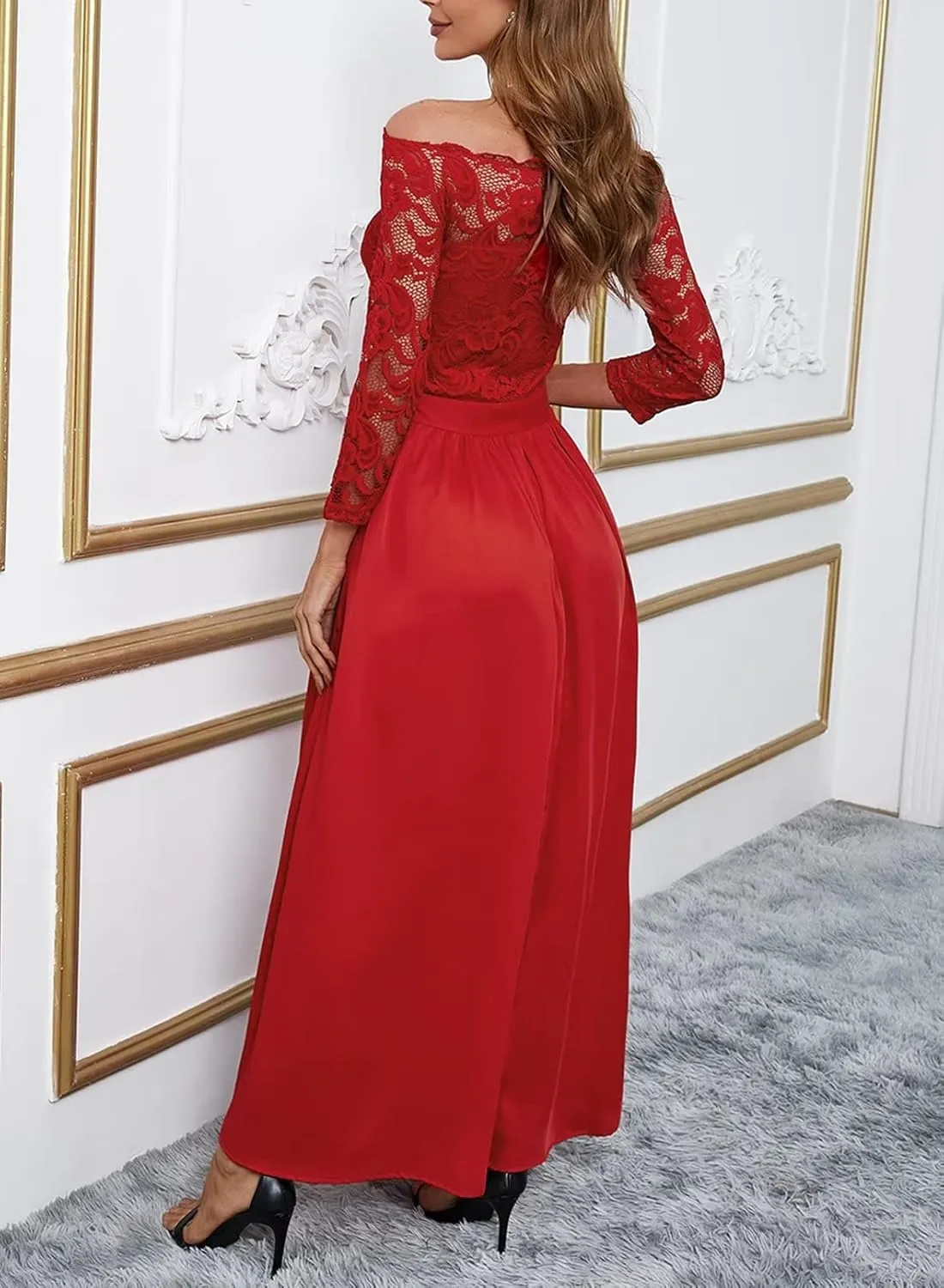 Women's Elegant Lace Bodice Patchwork High Waist Swing Skirt Cocktail Wedding Evening Party Dress