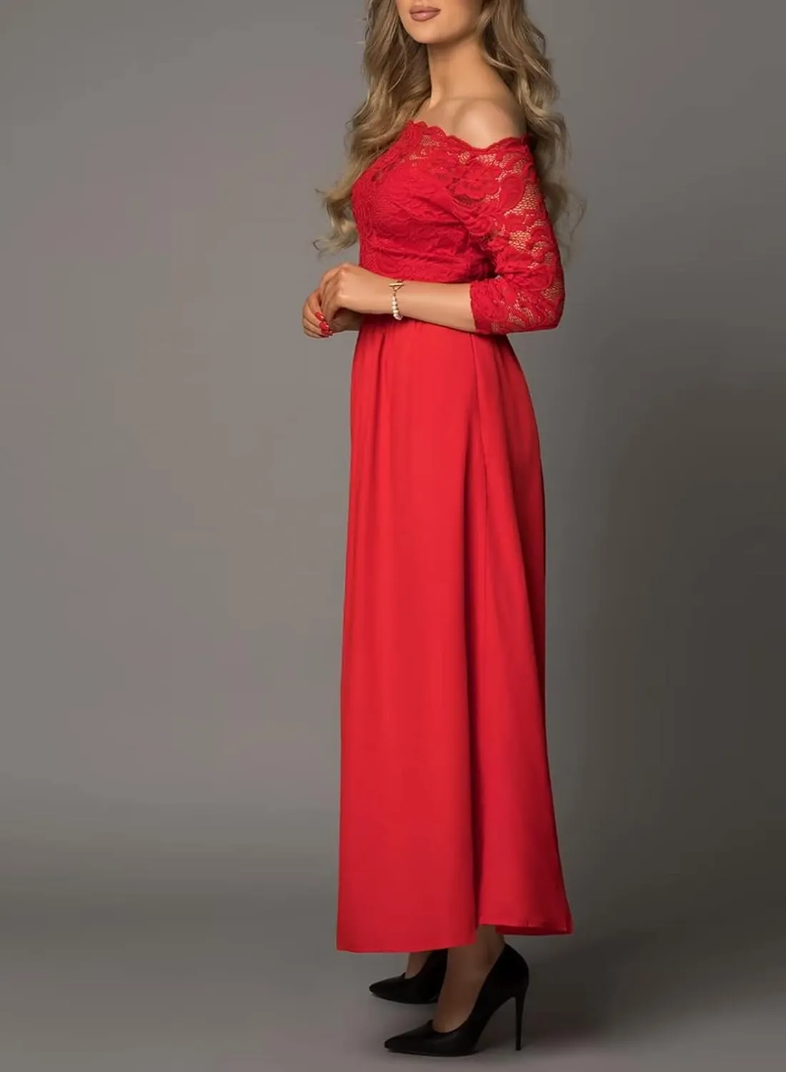 Women's Elegant Lace Bodice Patchwork High Waist Swing Skirt Cocktail Wedding Evening Party Dress