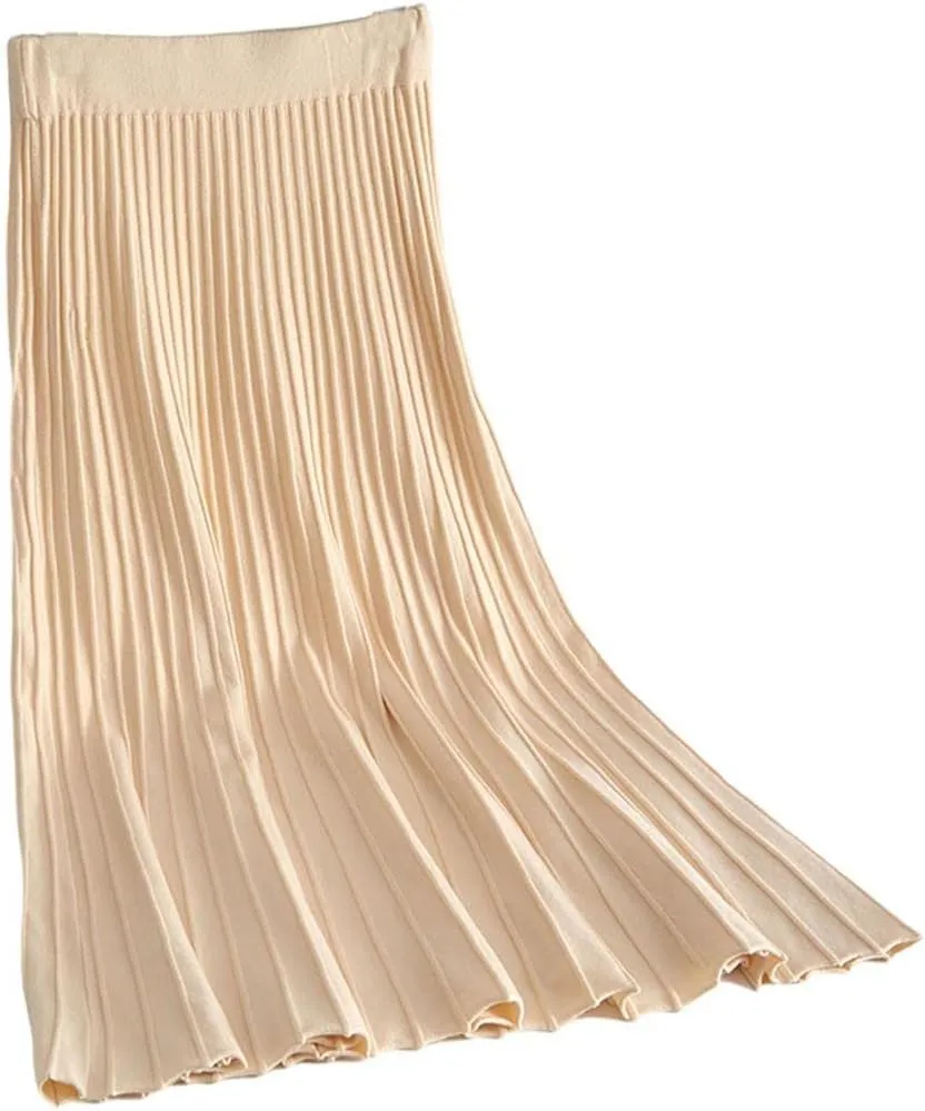 Women's Fashion Soft Knit High Waist Pleated A Line Swing Midi Skirt