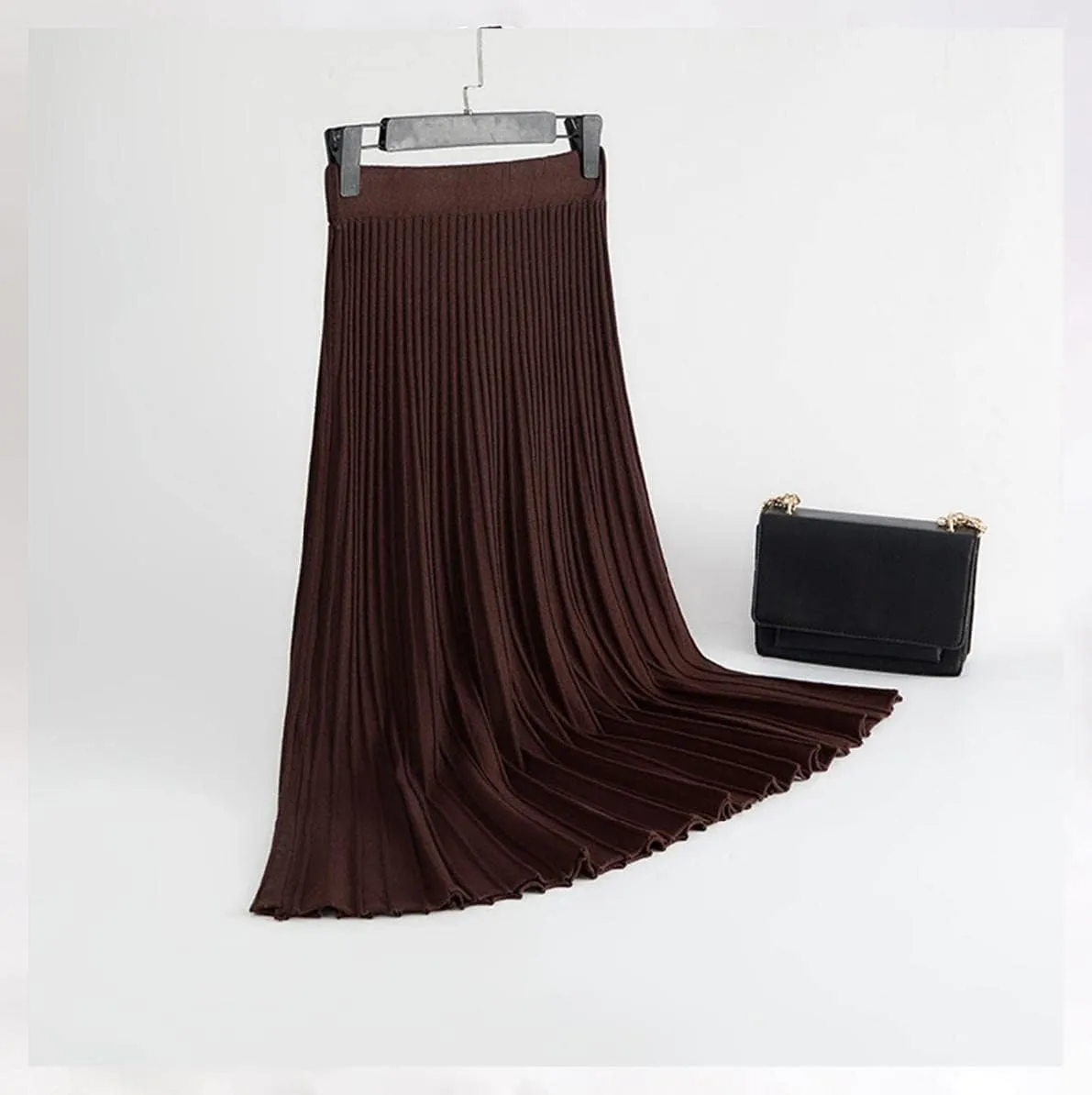 Women's Fashion Soft Knit High Waist Pleated A Line Swing Midi Skirt