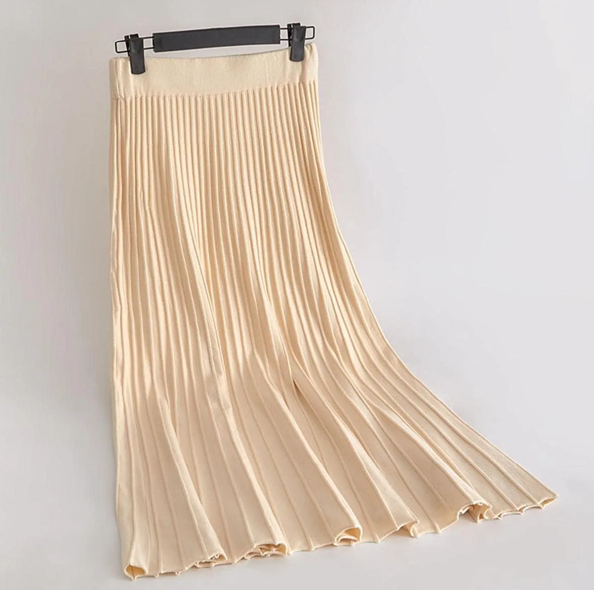 Women's Fashion Soft Knit High Waist Pleated A Line Swing Midi Skirt