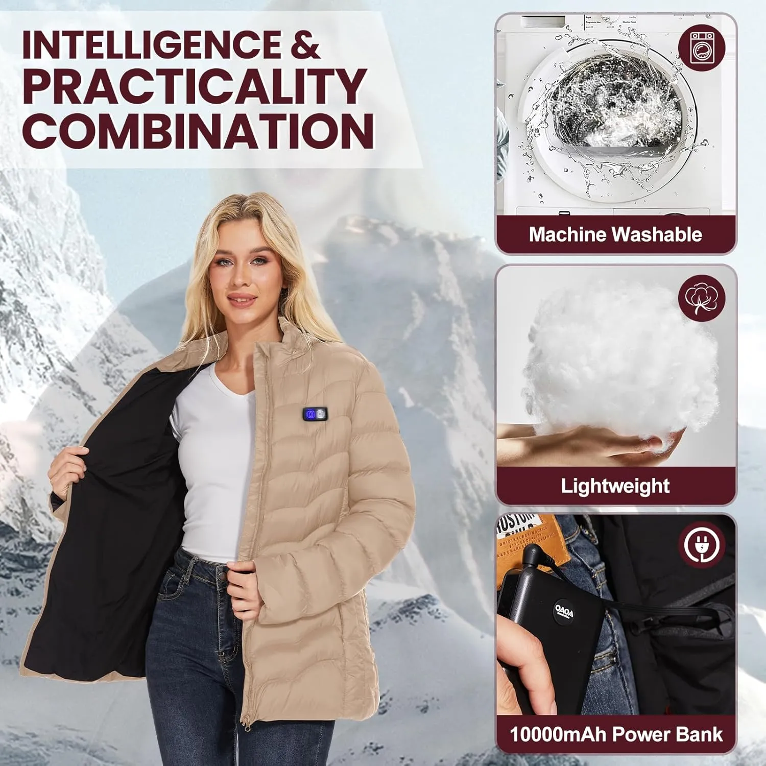 Womens Heated Jacket with 10000mAh Battery Pack, Dual Control Button Heated Coat